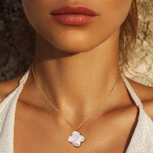 Gold Dipped Mother Of Pearl Quatrefoil Clover Chain Pendant Necklace Jewelry